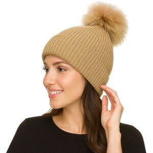 Tigerstars Taupe Genuine Fox Fur  Pom-Pom Beanie Hat